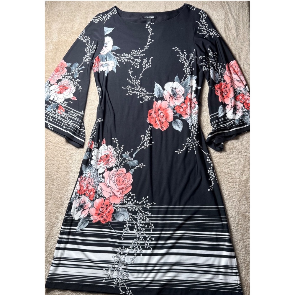 Roz & Ali Floral Bell Sleeve Shift Dress Striped‎ Hem Small Summer Feminine